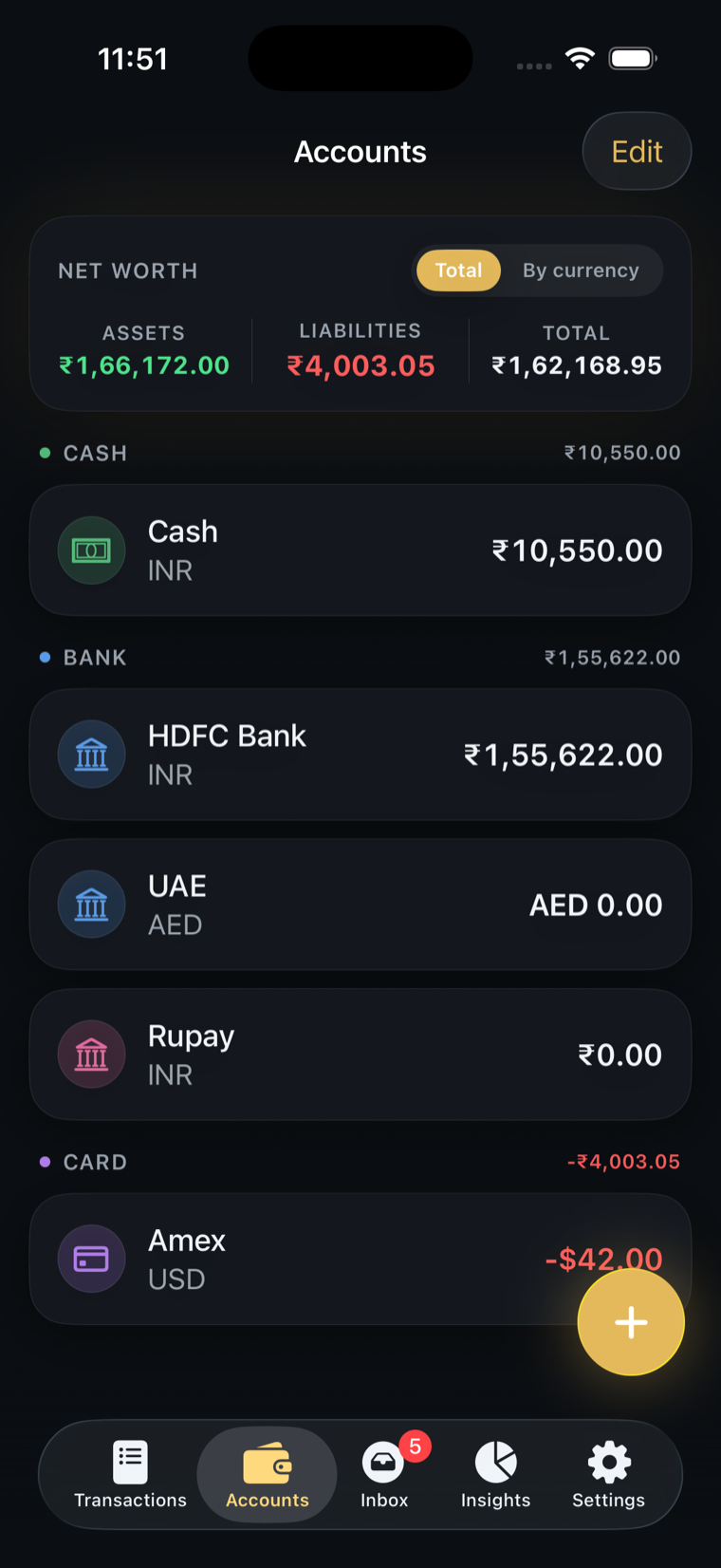 Accounts tab: net worth with assets and liabilities, accounts in rupees, dirhams and dollars