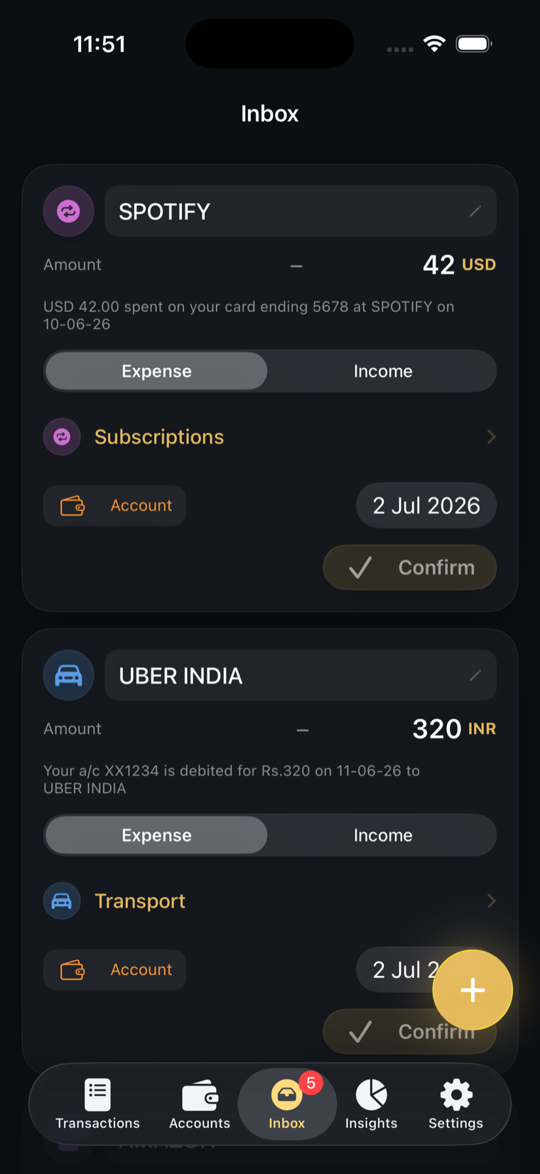 Florin Review Inbox in dark mode. Two parsed bank texts, Spotify for 42 US dollars and Uber India for 320 rupees, each one tap from confirmed.