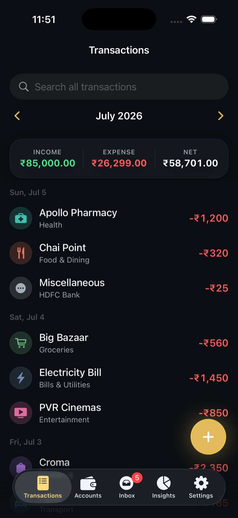 Transactions tab: July summary with income, expense and net, above a day-grouped ledger