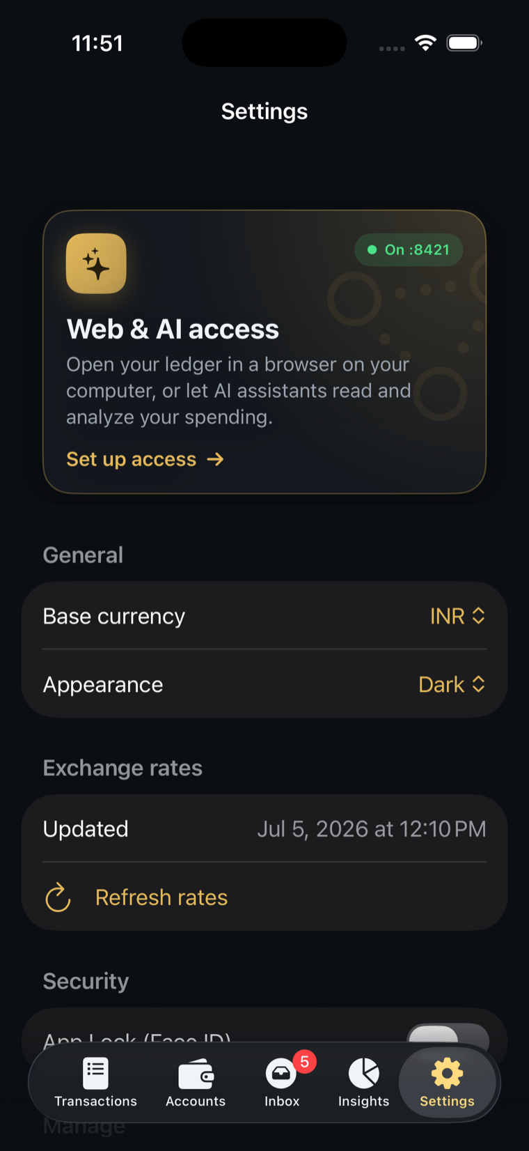 Settings tab with the Web and AI access card showing the server running